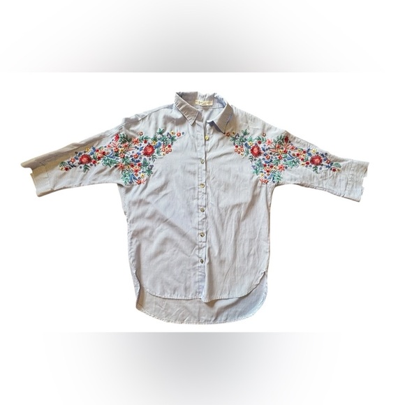 NYLON APPAREL women's embroidered striped button up blouse in blue - Picture 6 of 7